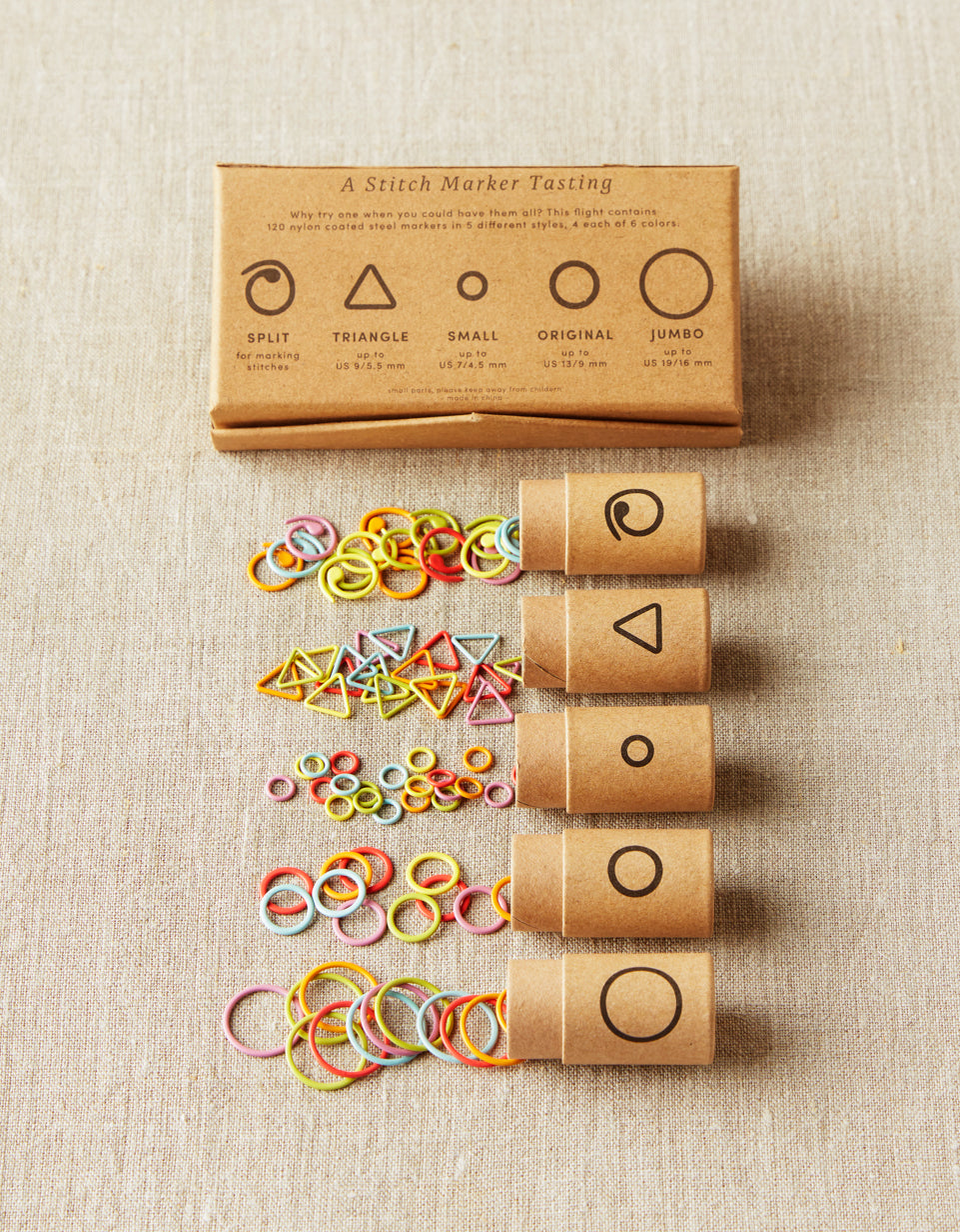 CocoKnits Flight of Stitch Markers card with knitting markers, angled