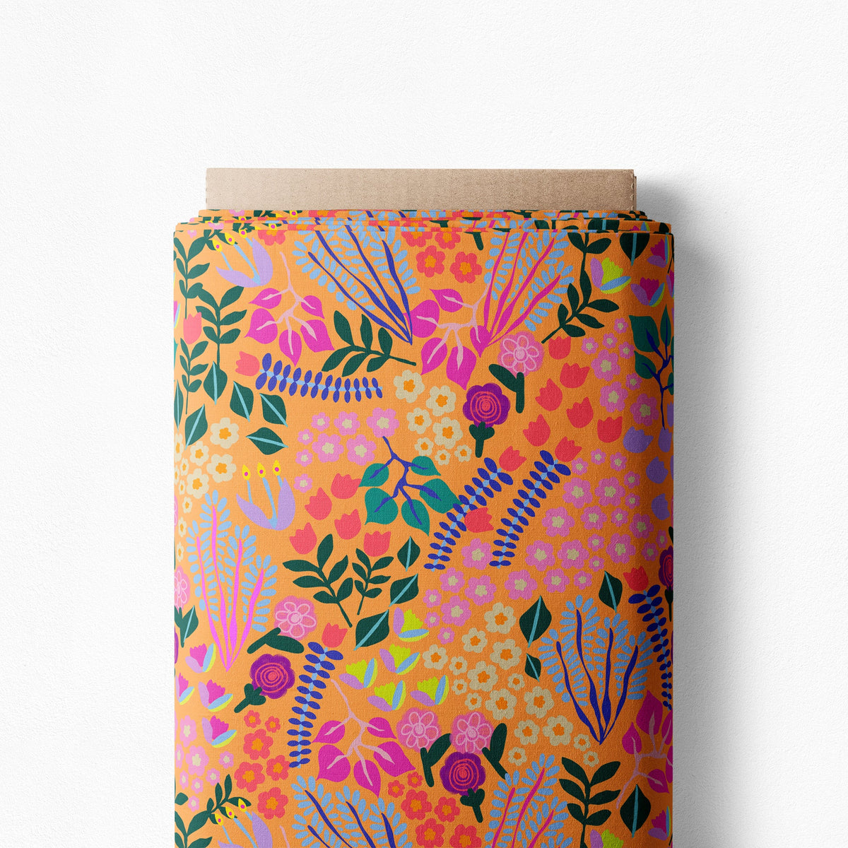 Velvet Garden in Ochre mini-scale print on a bolt, small pink and purple flowers with turquoise leaves on ochre