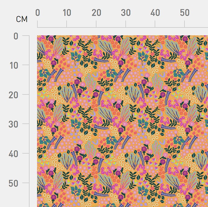 Velvet Garden in Ochre mini-scale print shown against a centimeter ruler for scale