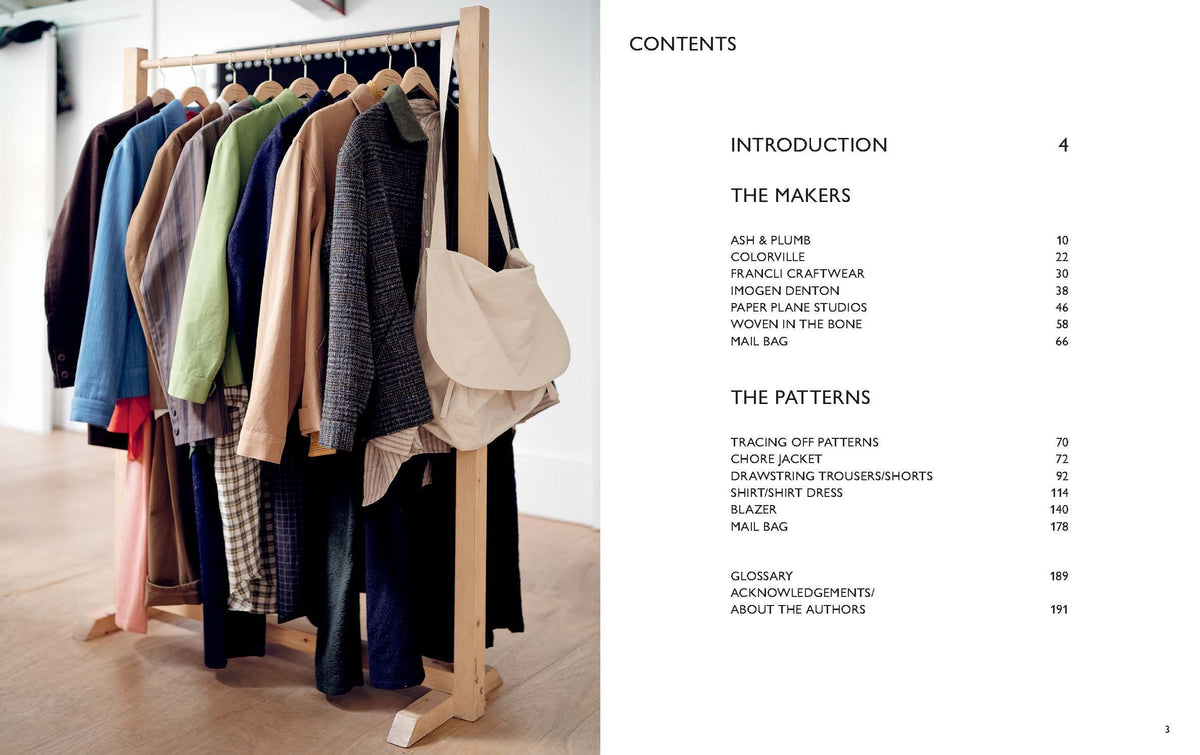Merchant & Mills Workwear book spread with workwear garments on a rail