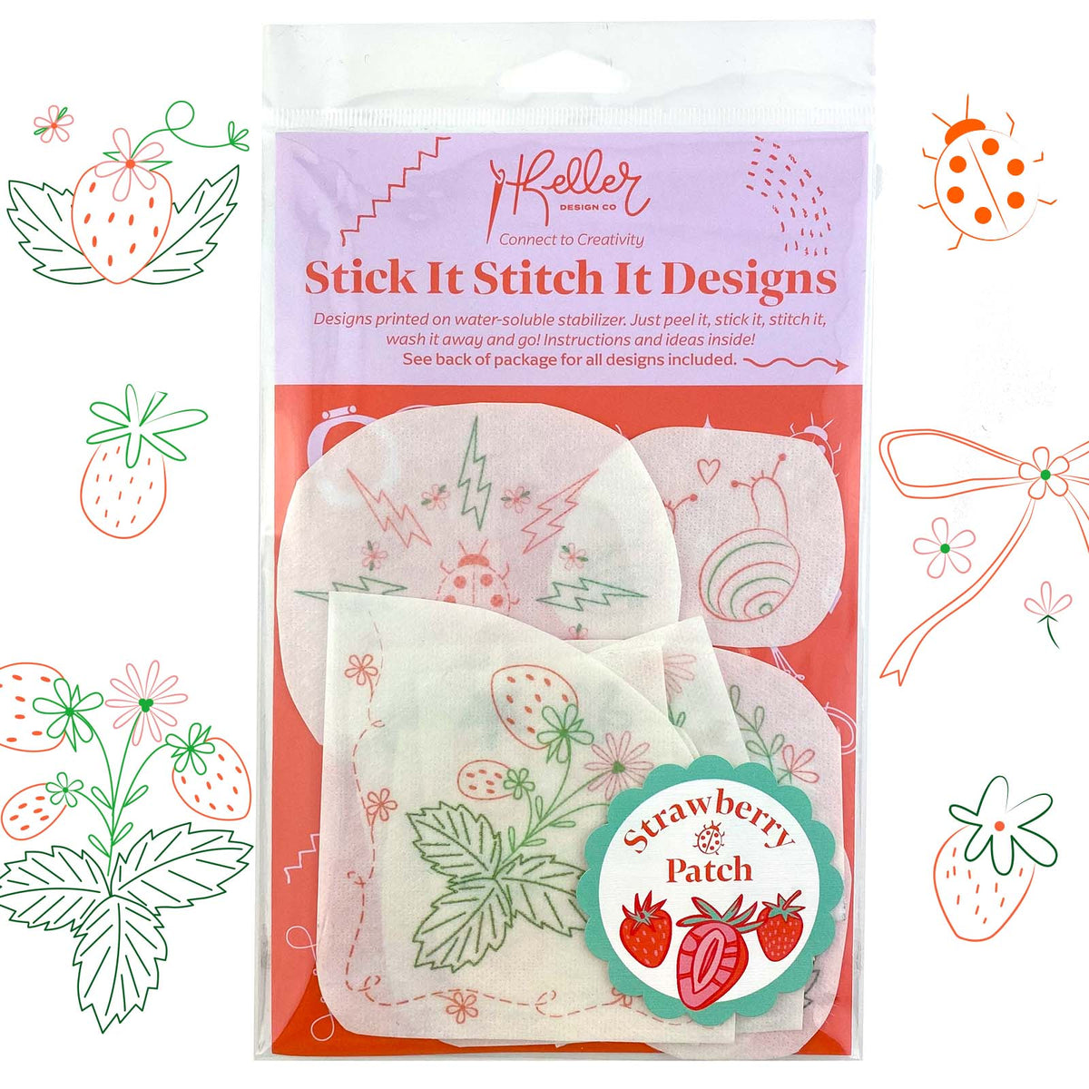 Keller Design Co. Strawberry Patch stick and stitch embroidery patterns, stitched strawberry designs on fabric