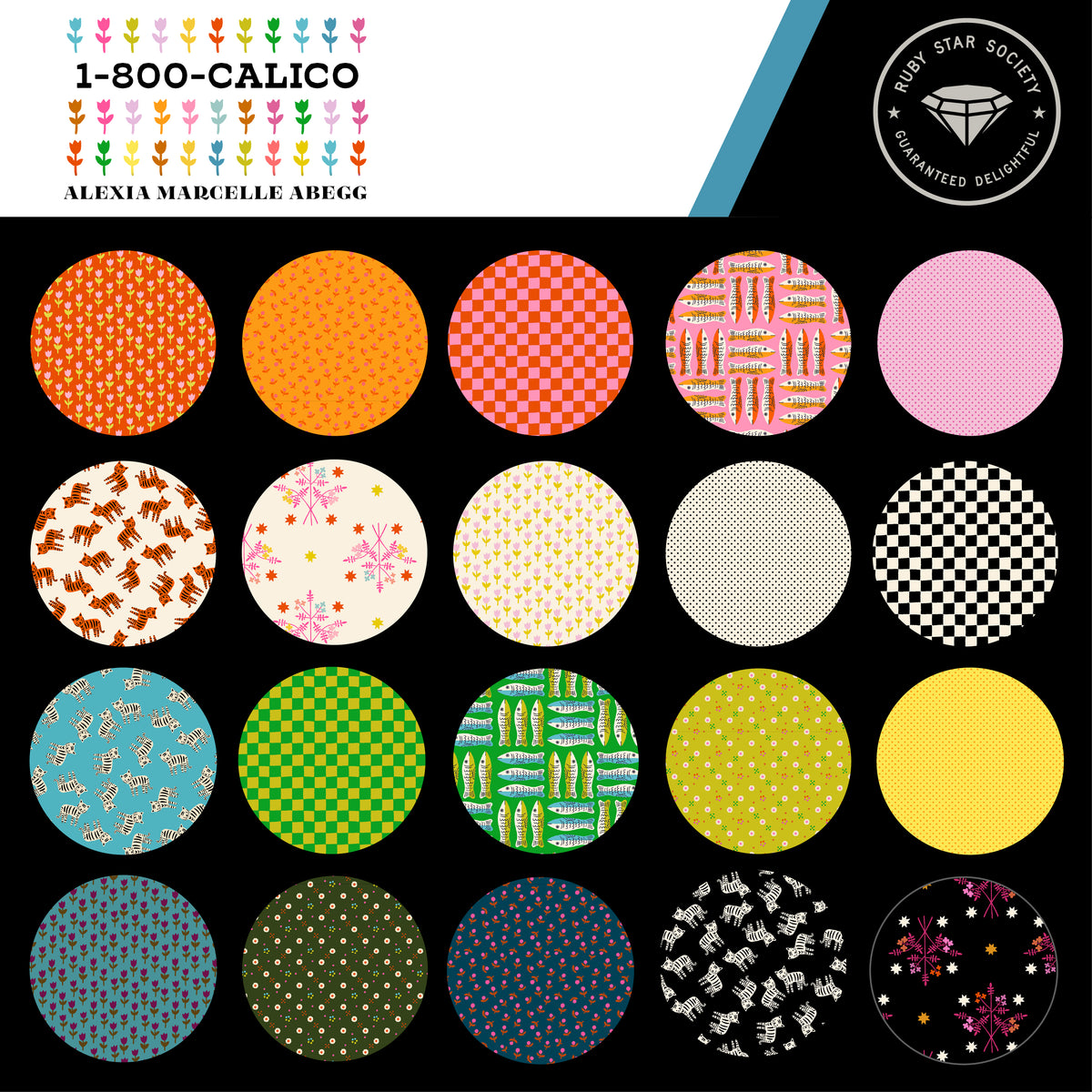1-800 Calico fabric collection card from Ruby Star Society with round swatches of every print