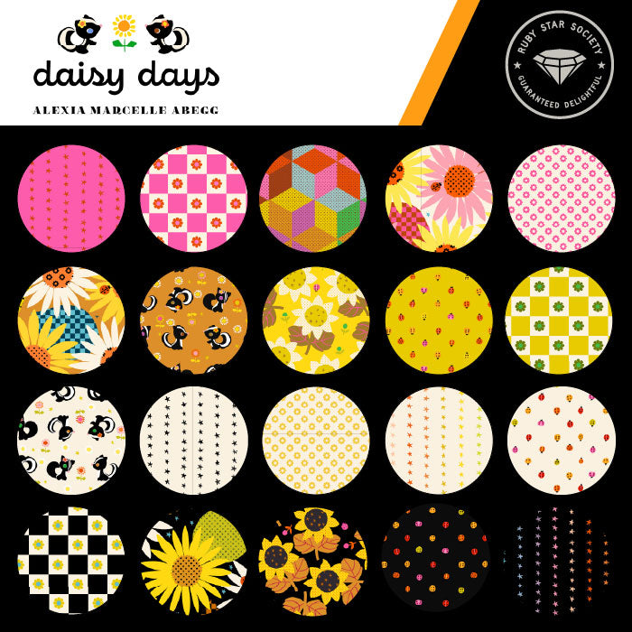 Daisy Days fabric collection card from Ruby Star Society showing round swatches of every sunflower, ladybug and check print