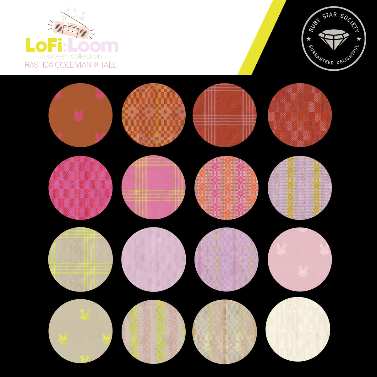 Lofi Loom Wovens color card from Ruby Star Society with round swatches of the yarn-dyed plaids, stripes and bunny wovens
