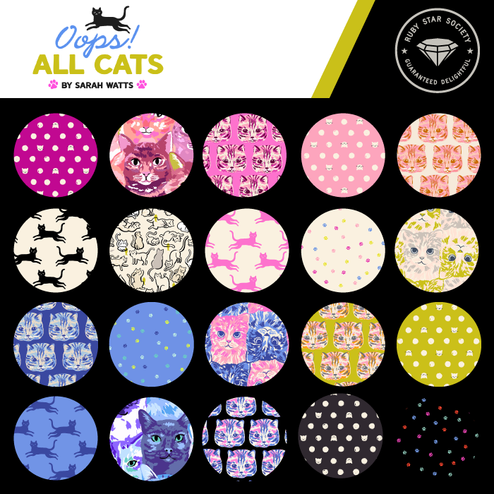 Oops All Cats fabric collection card from Ruby Star Society with round swatches of the cat, polka dot and paw prints