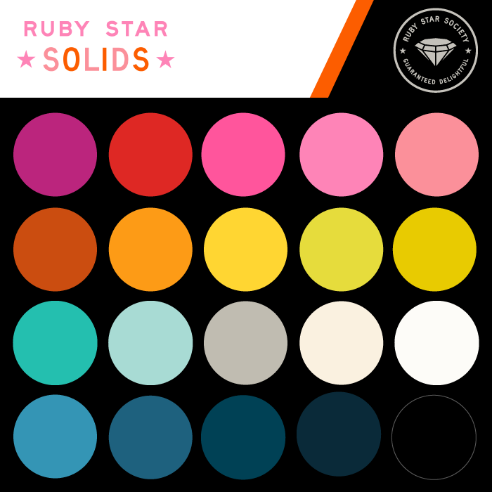 Ruby Star Solids color card from Ruby Star Society showing round swatches of the solid quilting cotton colors on black