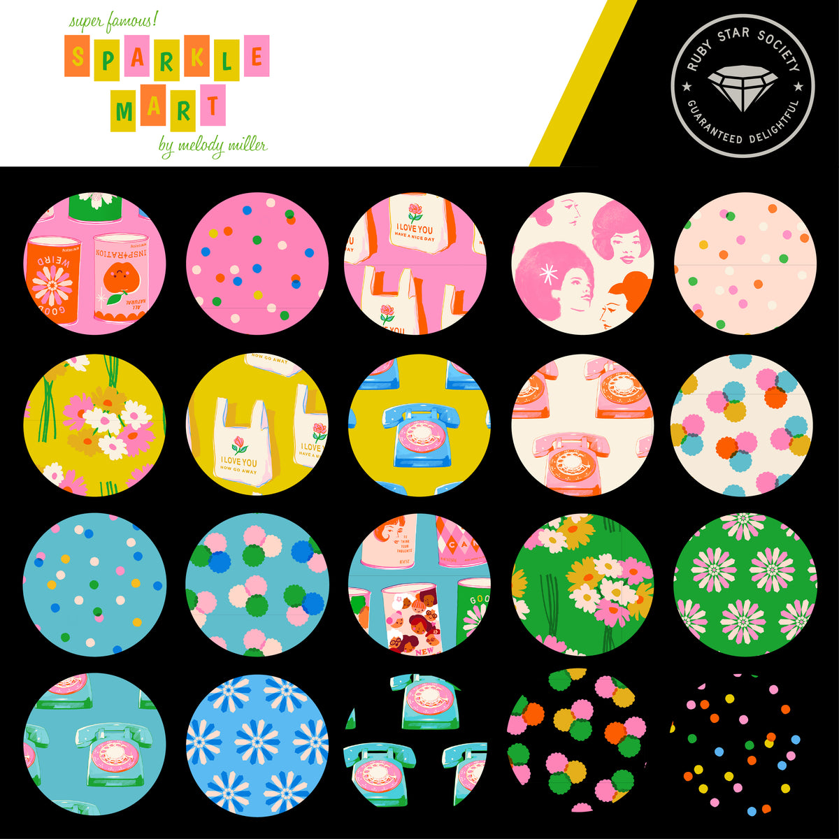 Sparkle Mart fabric collection card from Ruby Star Society with round swatches of the grocery, flower and dot prints