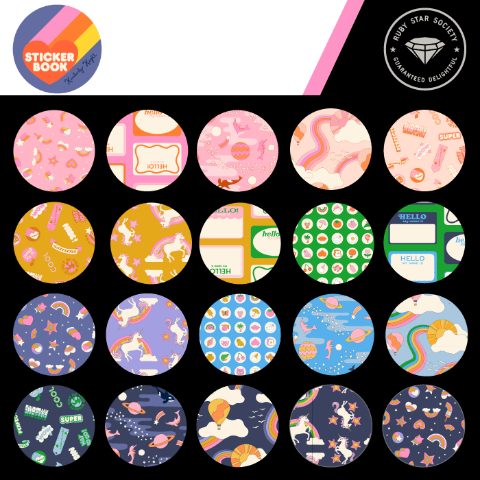 Sticker Book fabric collection card from Ruby Star Society with round swatches of the unicorn, rainbow and sticker prints