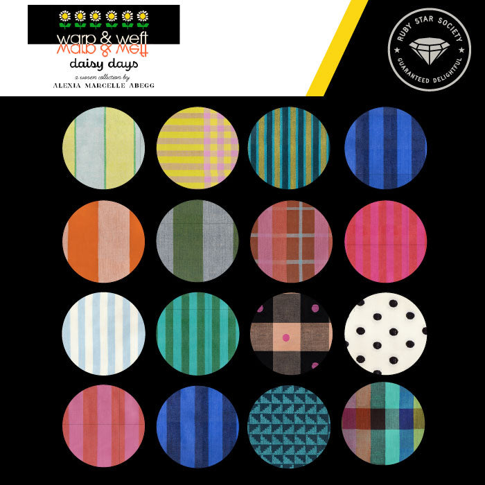 Warp and Weft Daisy Days color card from Ruby Star Society with round swatches of the yarn-dyed woven stripes and dots