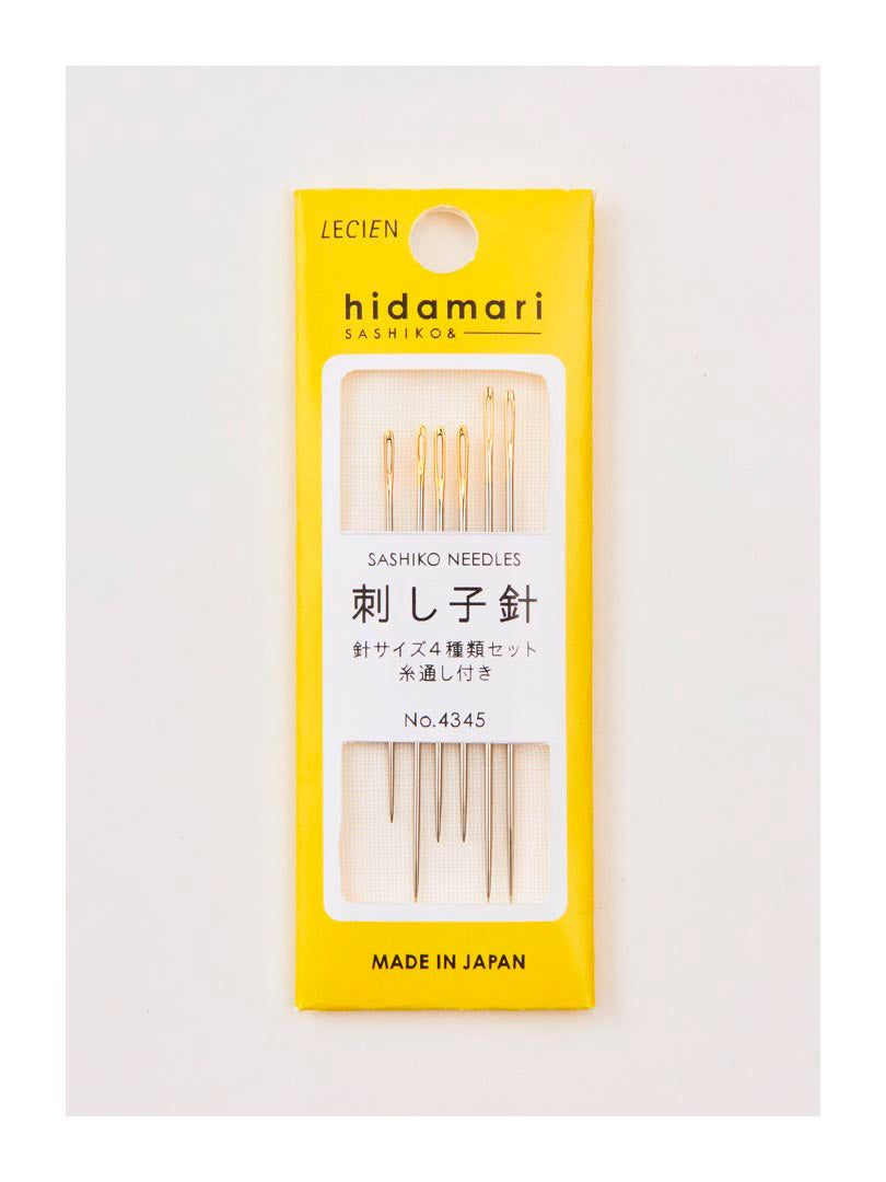 Hidamari sashiko needles in assorted sizes in a yellow package, hand sewing needles for sashiko and visible mending