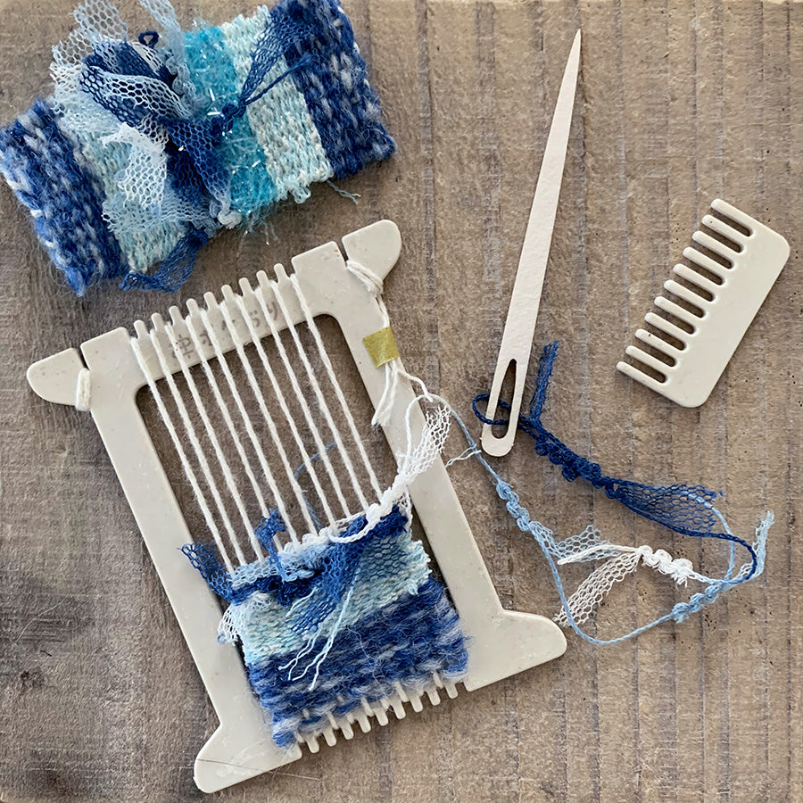 Cohana Pokeori mini loom weaving kit, with a finished weaving and tools
