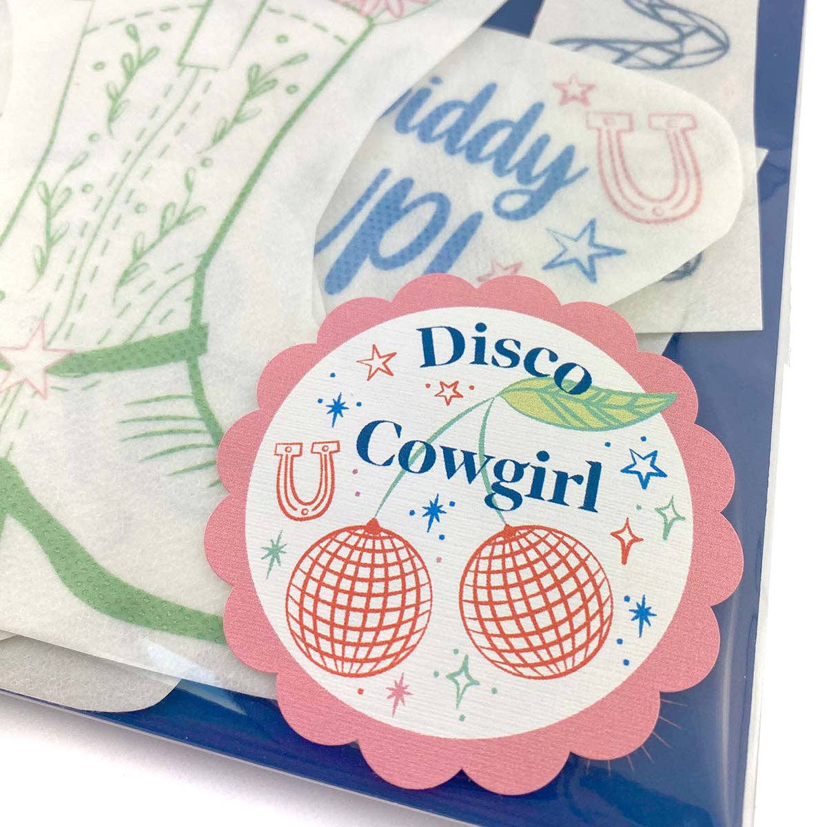 Keller Design Co. Disco Cowgirl stick and stitch embroidery patterns, stitched boot design on fabric