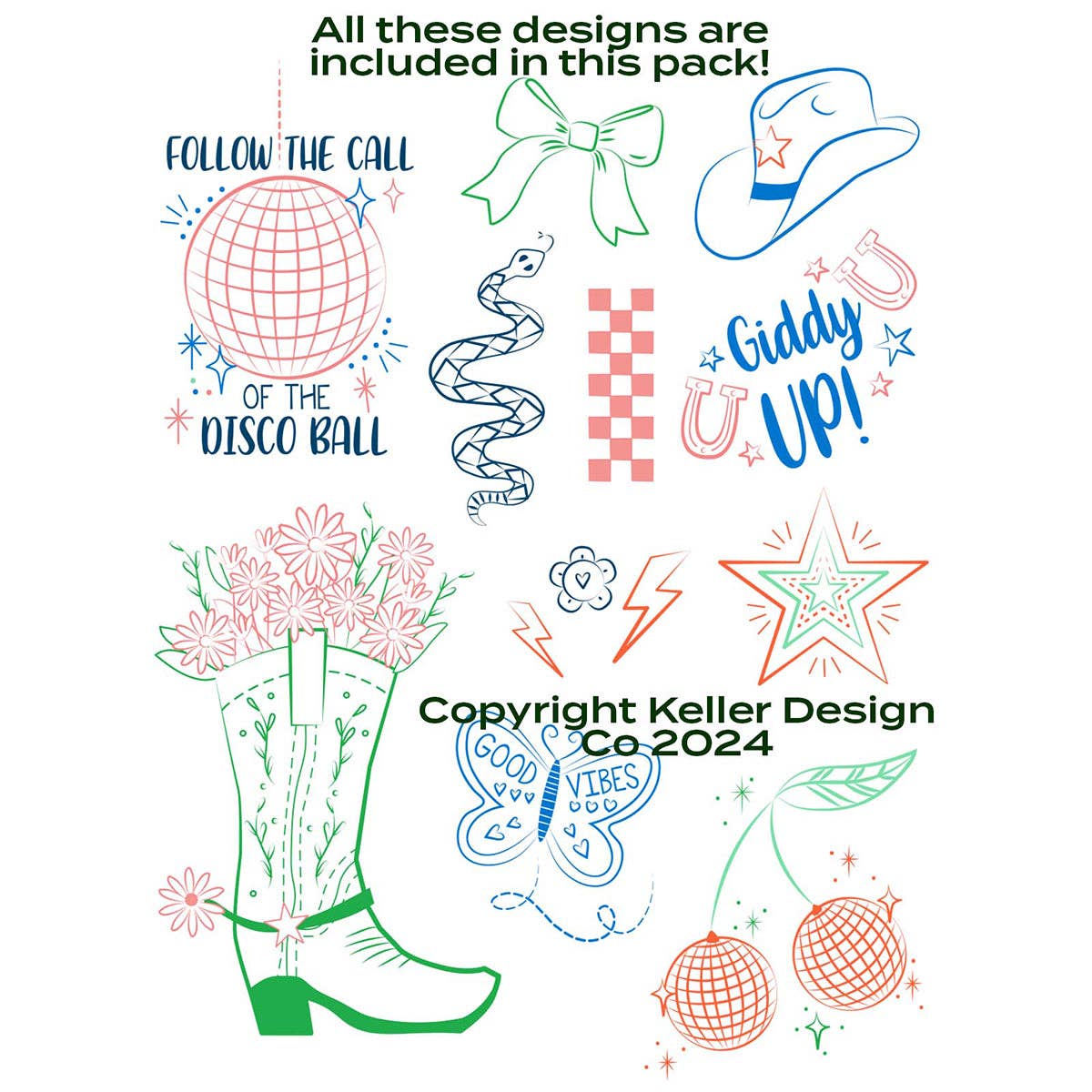 Keller Design Co. Disco Cowgirl stick and stitch embroidery patterns, design sheet of cowgirl boots and motifs