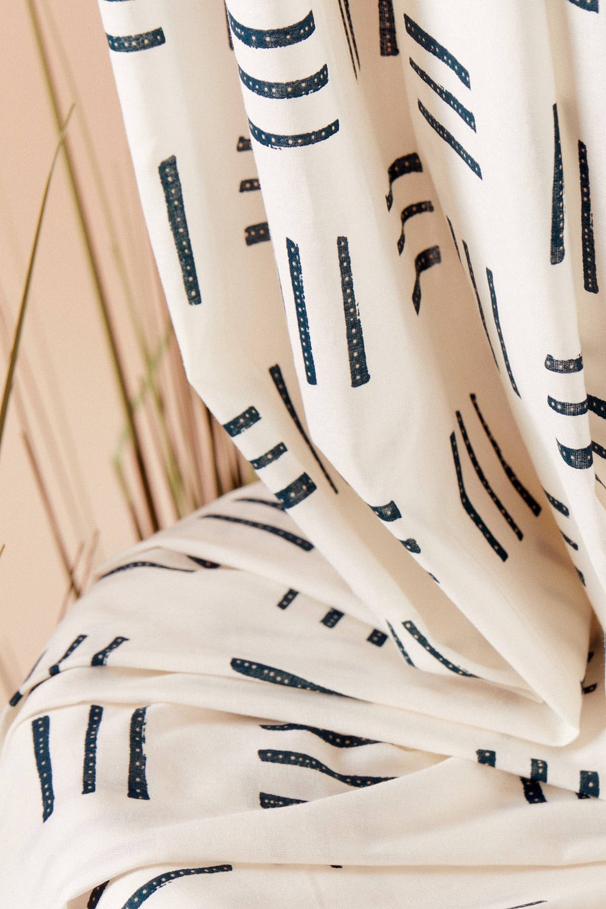 Atelier Brunette Charcoal and Cream Geo cotton gauze with dash print, draped