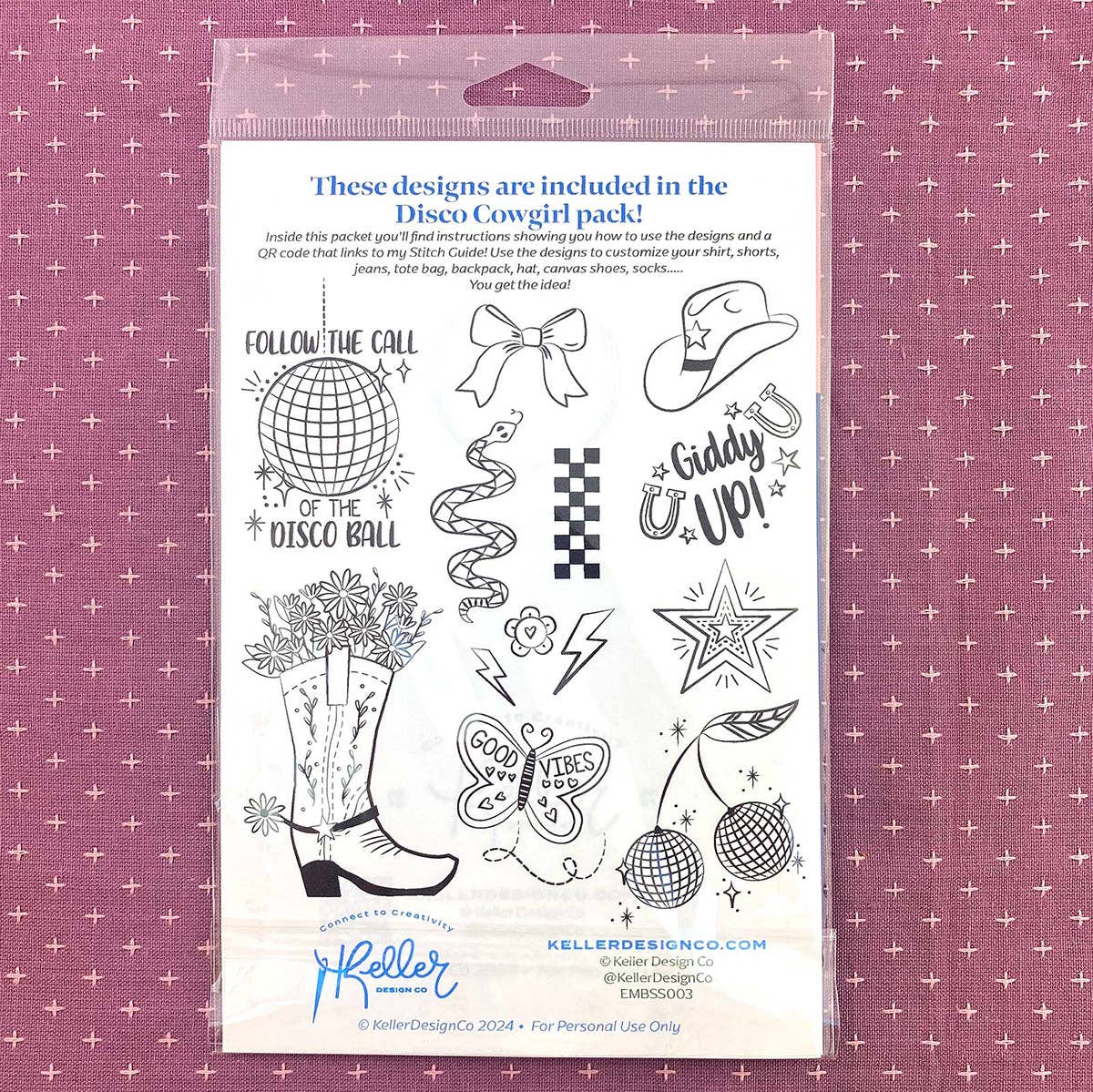 Keller Design Co. Disco Cowgirl stick and stitch embroidery patterns, package on pink fabric