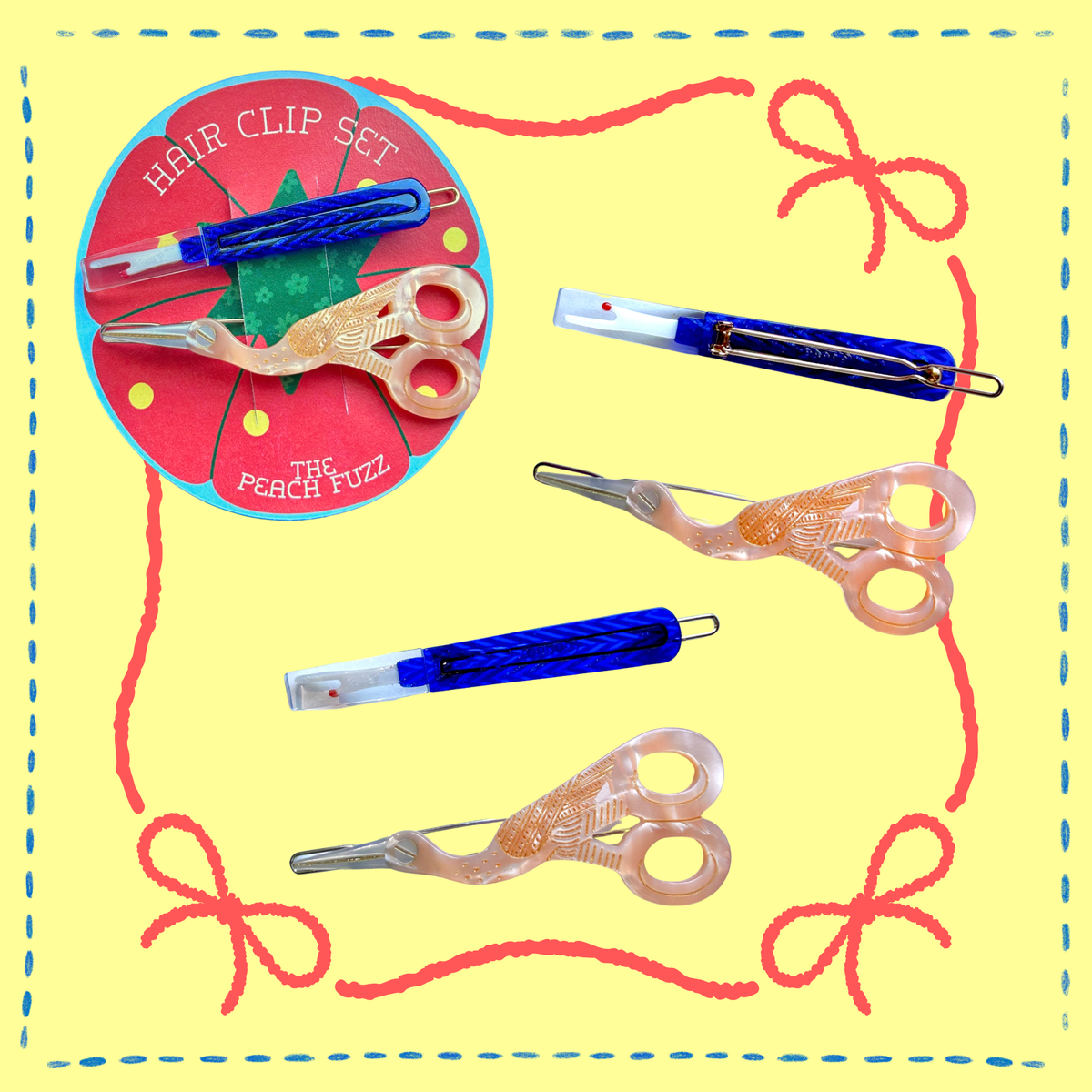 The Peach Fuzz sewing kit hair clip set with scissors and needles on yellow