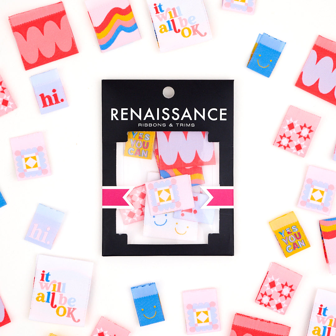 Renaissance Ribbons Playful woven label pack, 8 colorful sew-in clothing labels