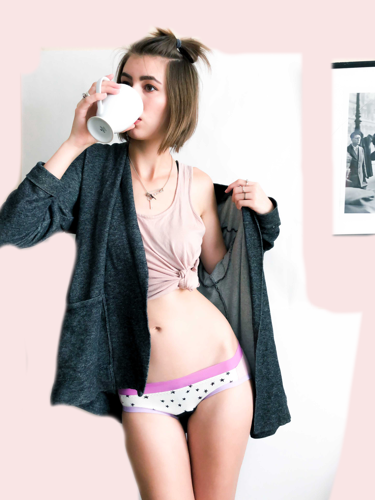 Model in a pink bra and period underwear with a black blazer, Sophie Hines Period Panty Sewing Kit in black styling
