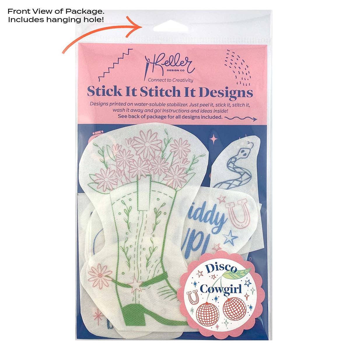 Keller Design Co. Disco Cowgirl stick and stitch embroidery patterns, package on a pink background