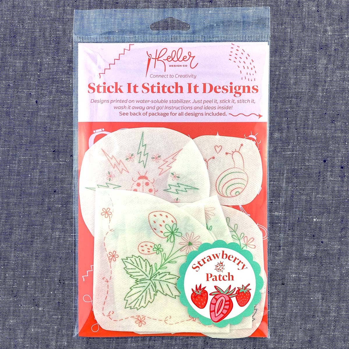 Keller Design Co. Strawberry Patch stick and stitch embroidery patterns, package front close-up