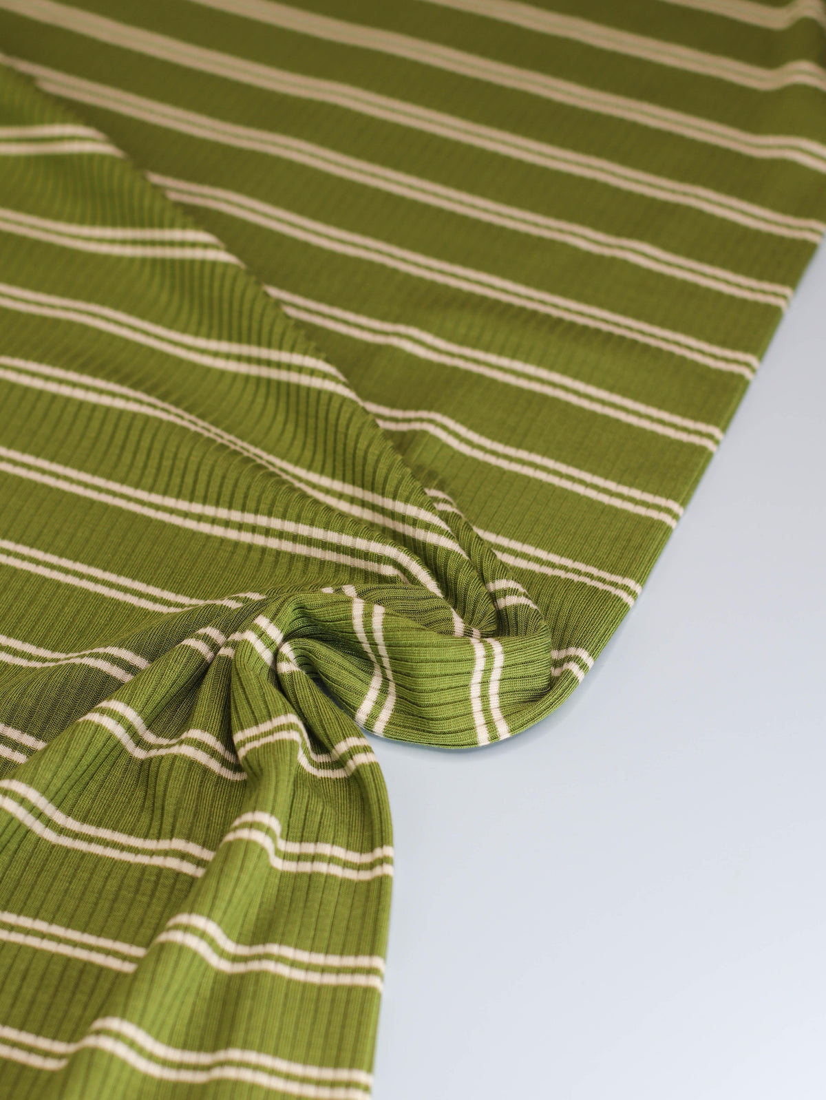 meetMILK Derby Slim Stripe modal jersey in Tea Green, olive striped knit apparel fabric