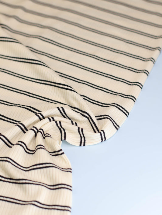 meetMILK Derby Slim Stripe modal jersey in Shell, cream and brown pinstripe knit fabric