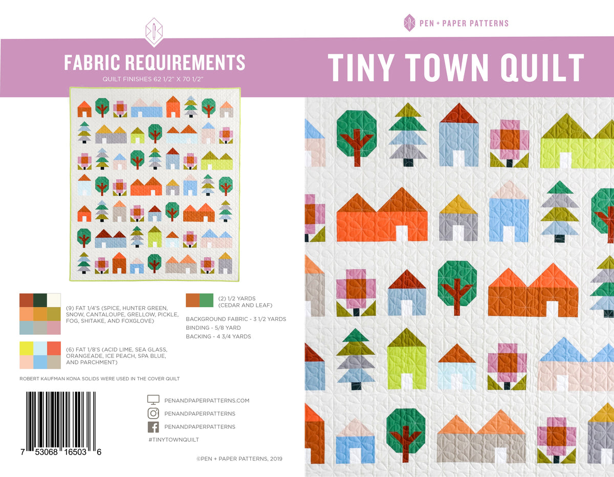 Tiny Town printed quilt pattern by Pen + Paper Patterns, original front cover and fabric requirements