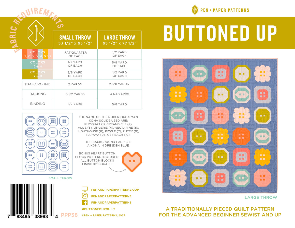 Buttoned Up printed quilt pattern by Pen + Paper Patterns, original front cover and fabric requirements