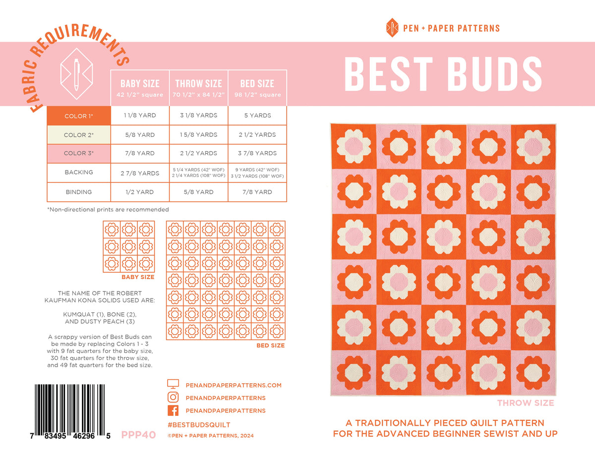 Best Buds printed quilt pattern by Pen + Paper Patterns, original front cover and fabric requirements