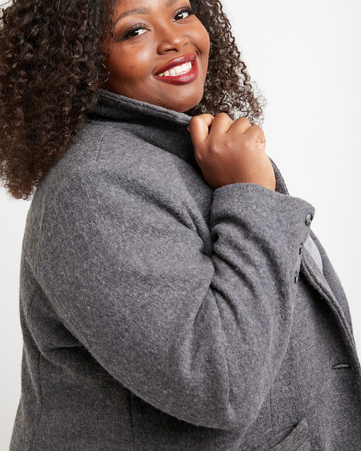 Cashmerette Auburn Blazer PDF sewing pattern, woman wearing a gray coat