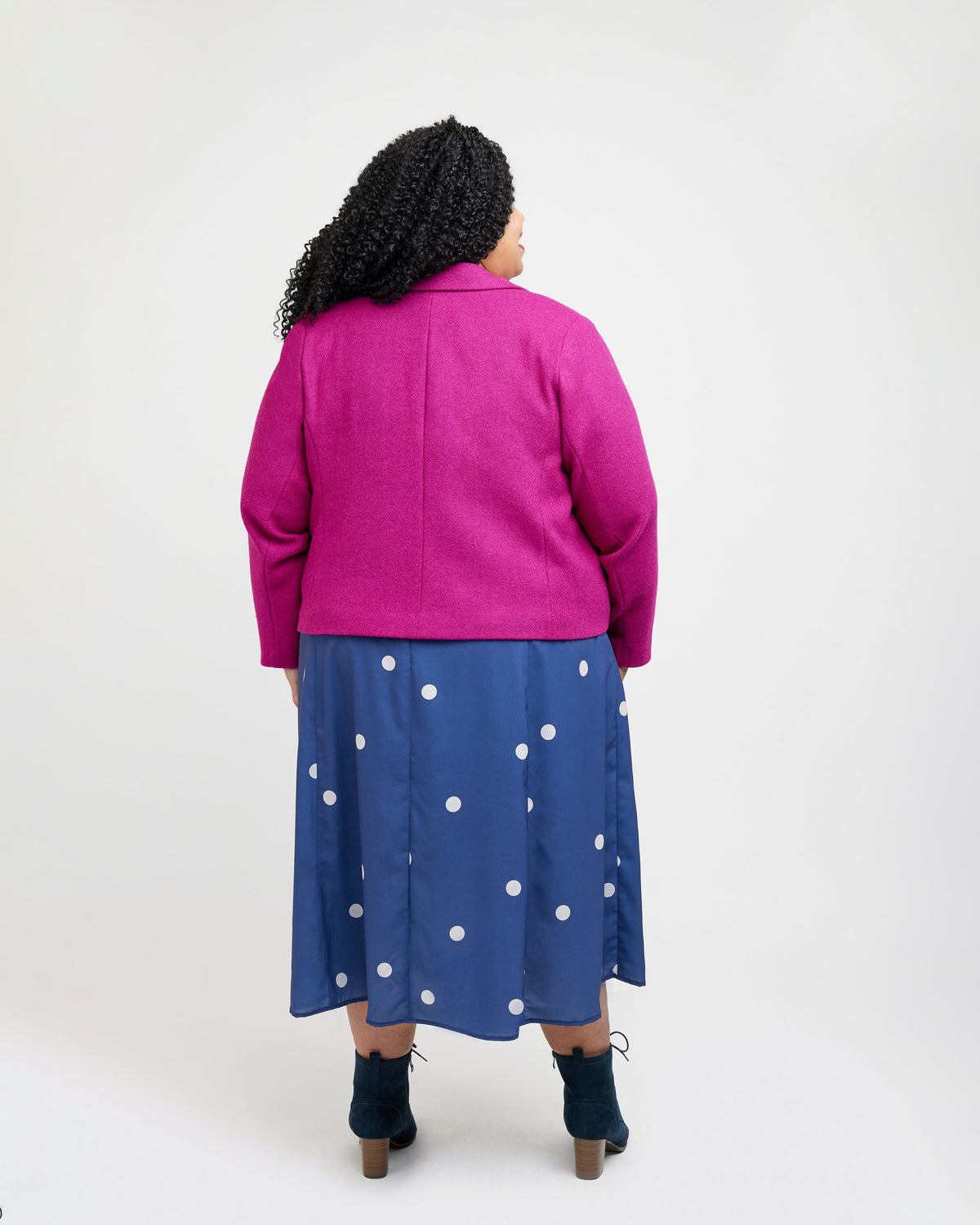 Cashmerette Auburn Blazer PDF sewing pattern, person wearing a pink jacket and blue polka dot dress