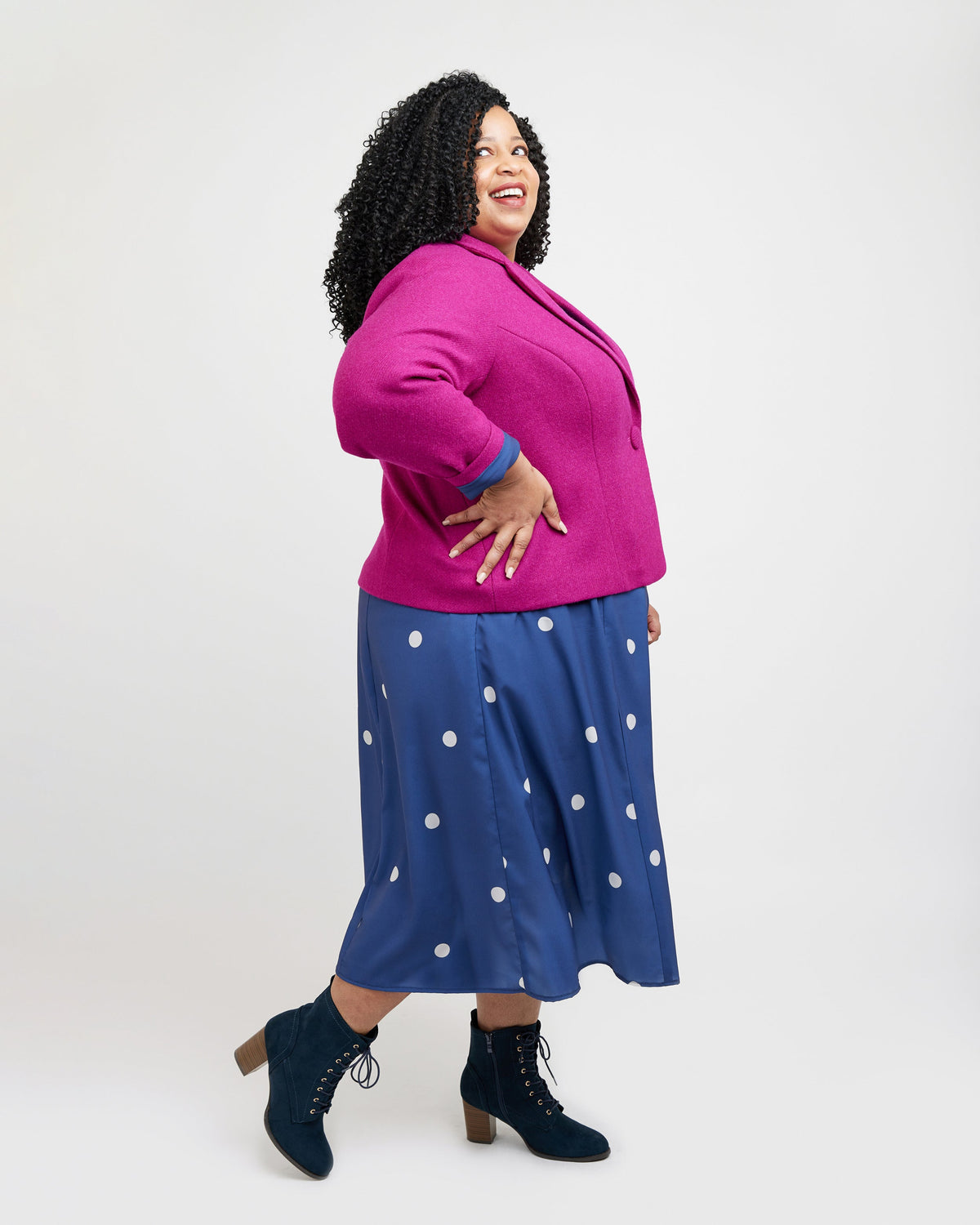 Cashmerette Auburn Blazer PDF sewing pattern, woman wearing a pink jacket and blue polka dot skirt
