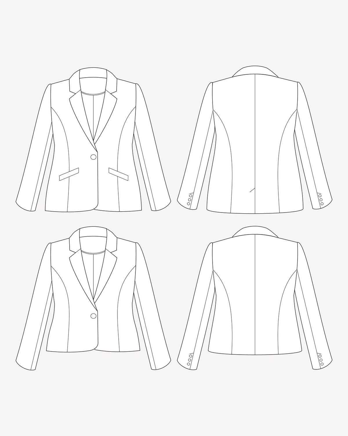 Cashmerette Auburn Blazer PDF sewing pattern, line drawing of a blazer from multiple angles