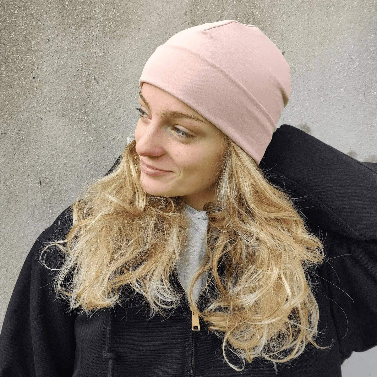 Wardrobe By Me Beanie Hat PDF sewing pattern, pink knit beanie, side view