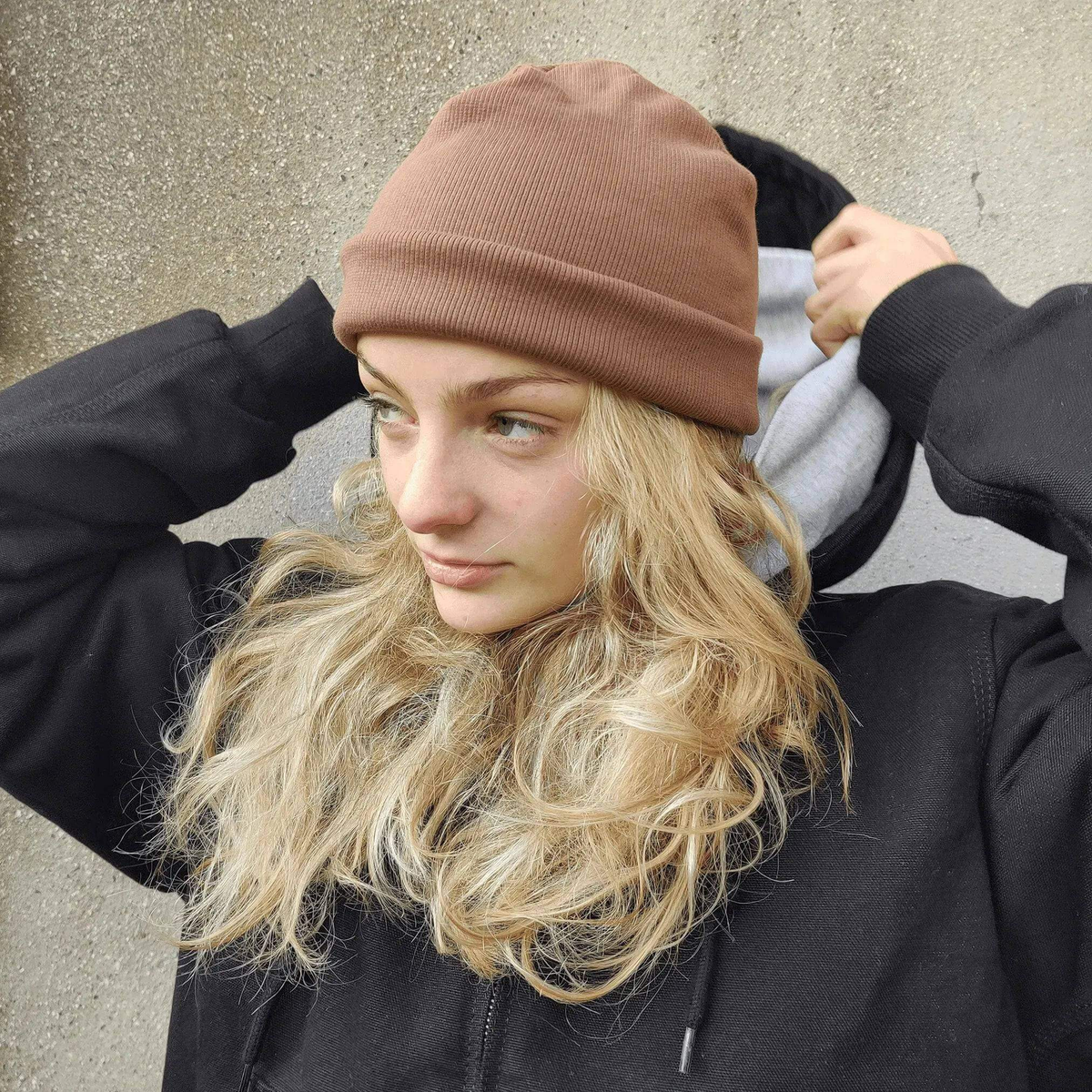 Wardrobe By Me Beanie Hat PDF sewing pattern, brown beanie, side