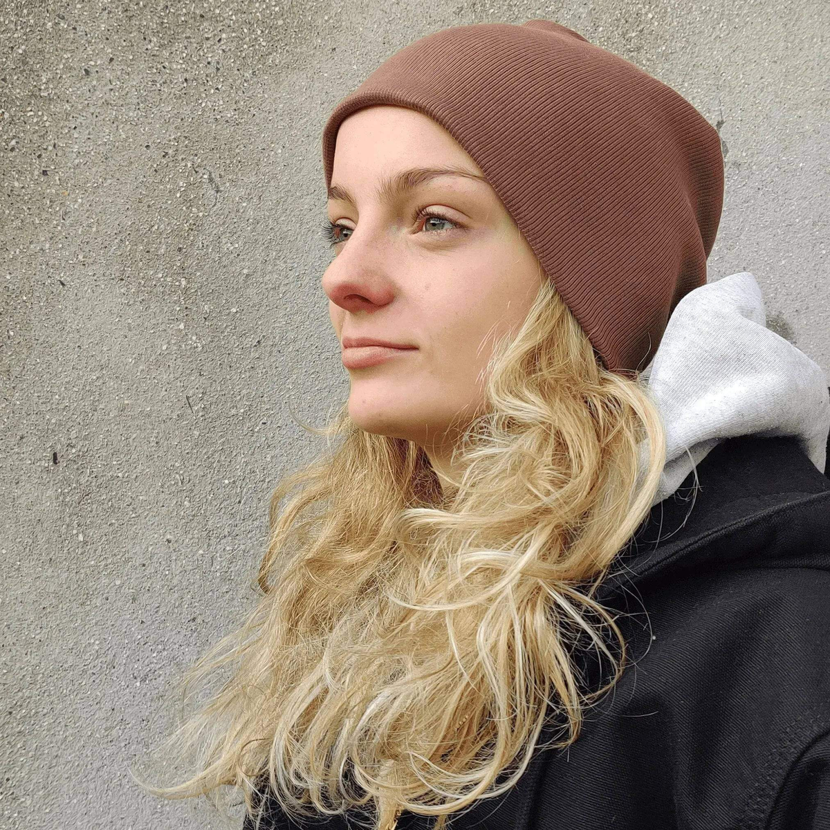 Wardrobe By Me Beanie Hat PDF sewing pattern, brown beanie close-up