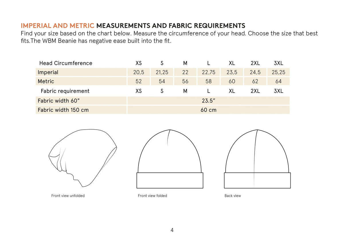 Wardrobe By Me Beanie Hat PDF sewing pattern, size chart page