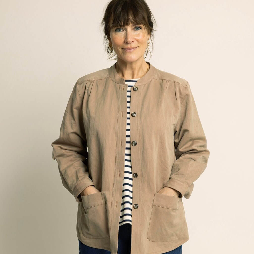 Wardrobe By Me Boatneck Blouse PDF sewing pattern, model in a tan blouse with a jacket