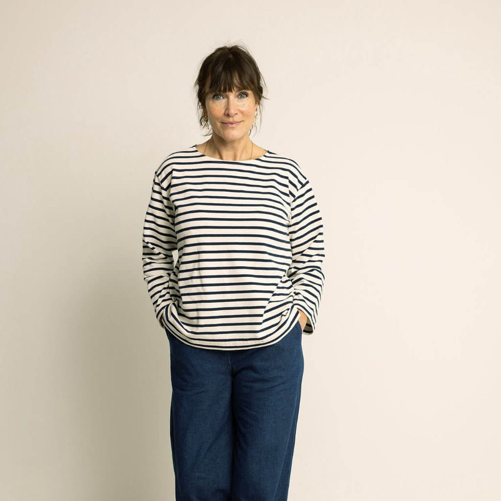 Wardrobe By Me Boatneck Blouse PDF sewing pattern, model in a grey blouse, front view