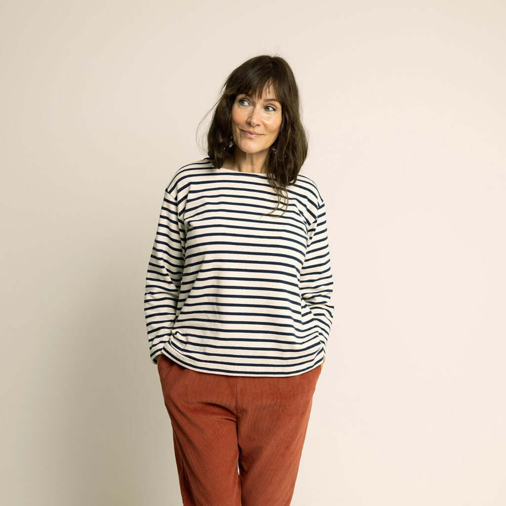 Wardrobe By Me Boatneck Blouse PDF sewing pattern, model in a grey boatneck blouse