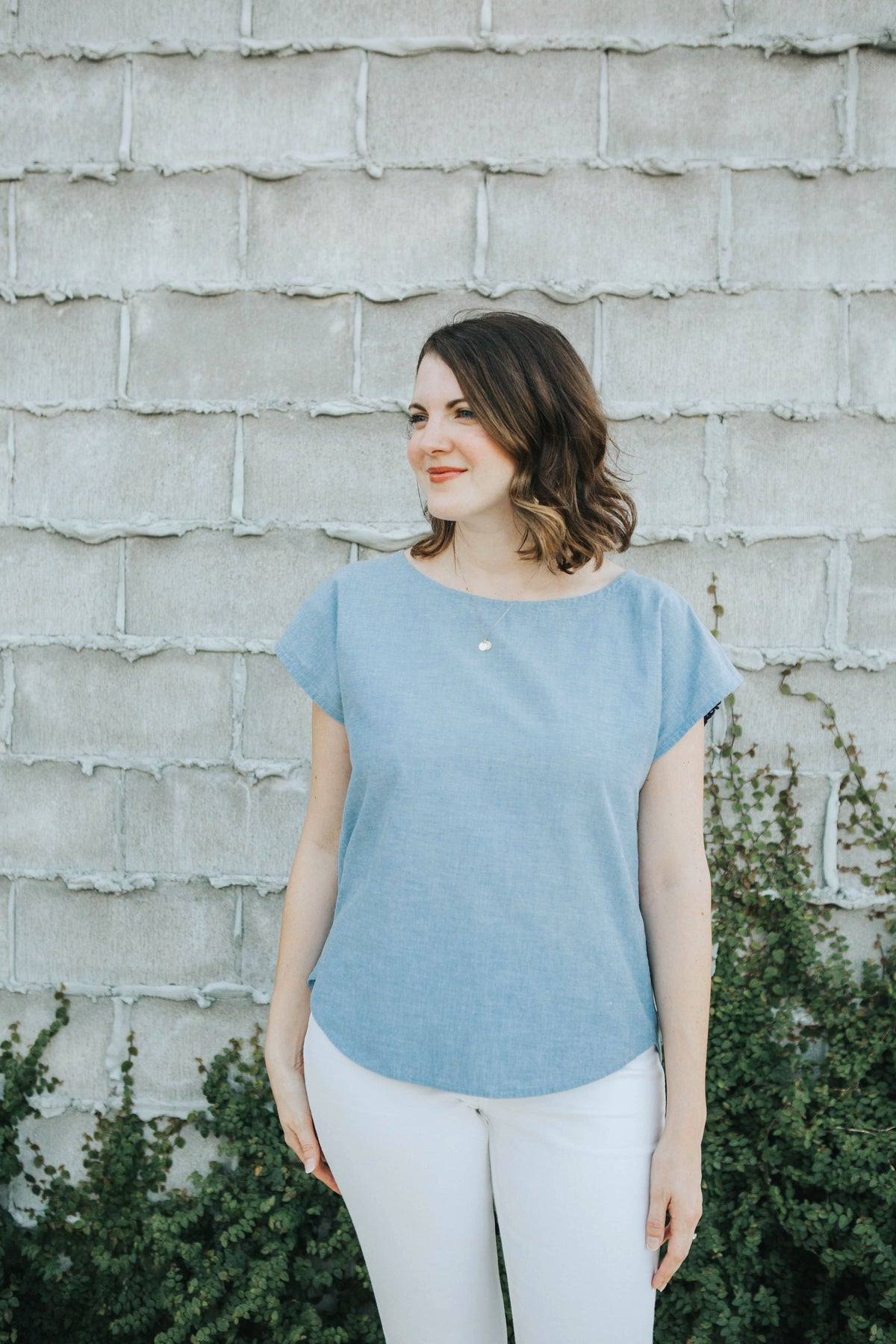 Sew to Grow Bondi Top PDF sewing pattern, model in a pale blue top