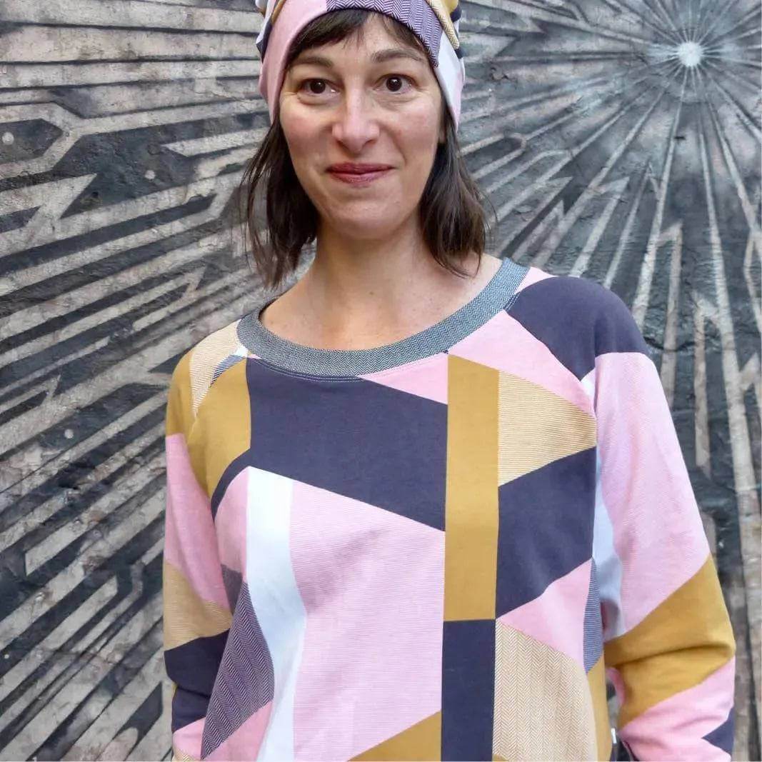 Wardrobe By Me Boxy Raglan Sweater PDF sewing pattern, colorful patchwork raglan sweater