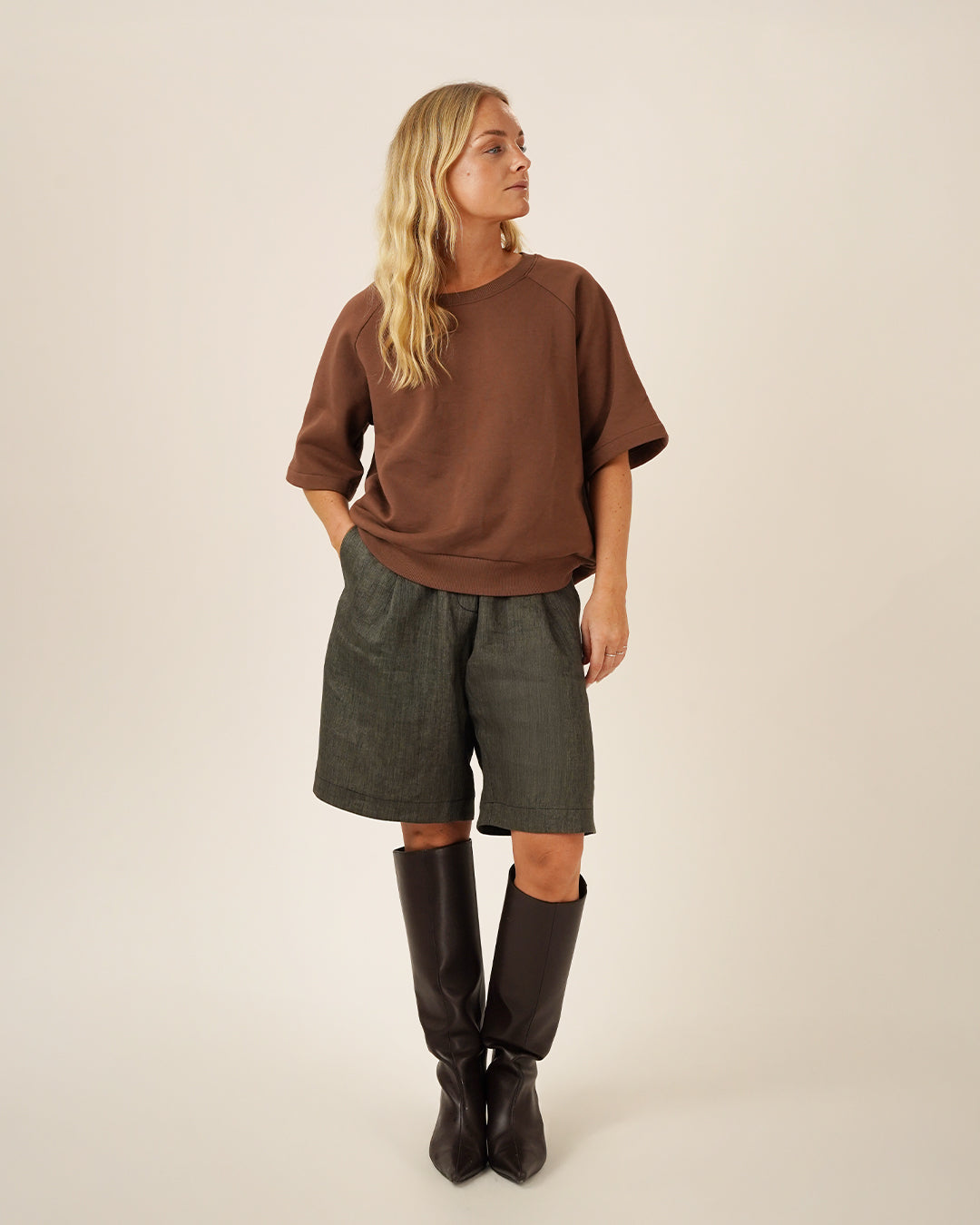 Wardrobe By Me Boxy Raglan Sweater PDF sewing pattern, brown raglan sweater