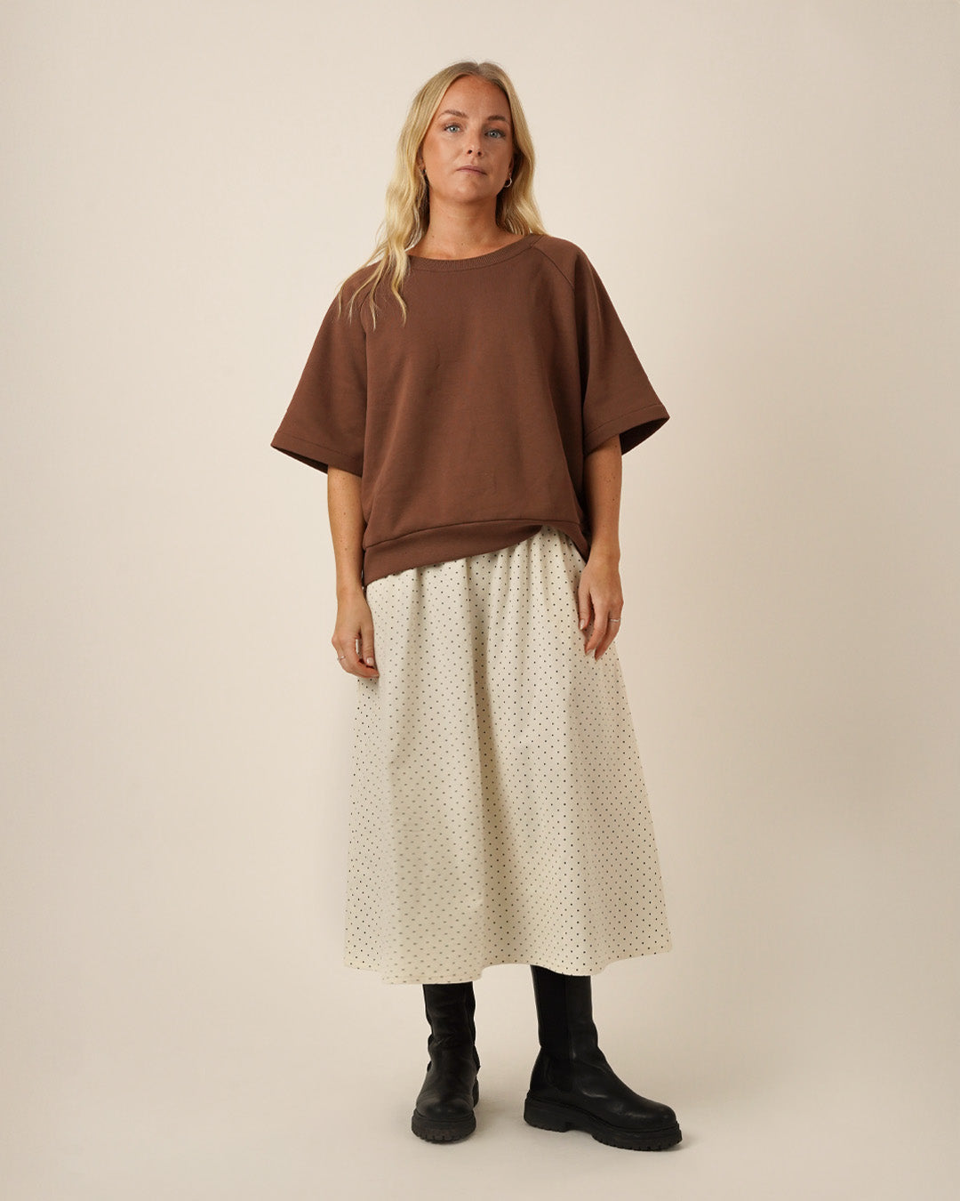 Wardrobe By Me Boxy Raglan Sweater PDF sewing pattern, brown short sleeve raglan top