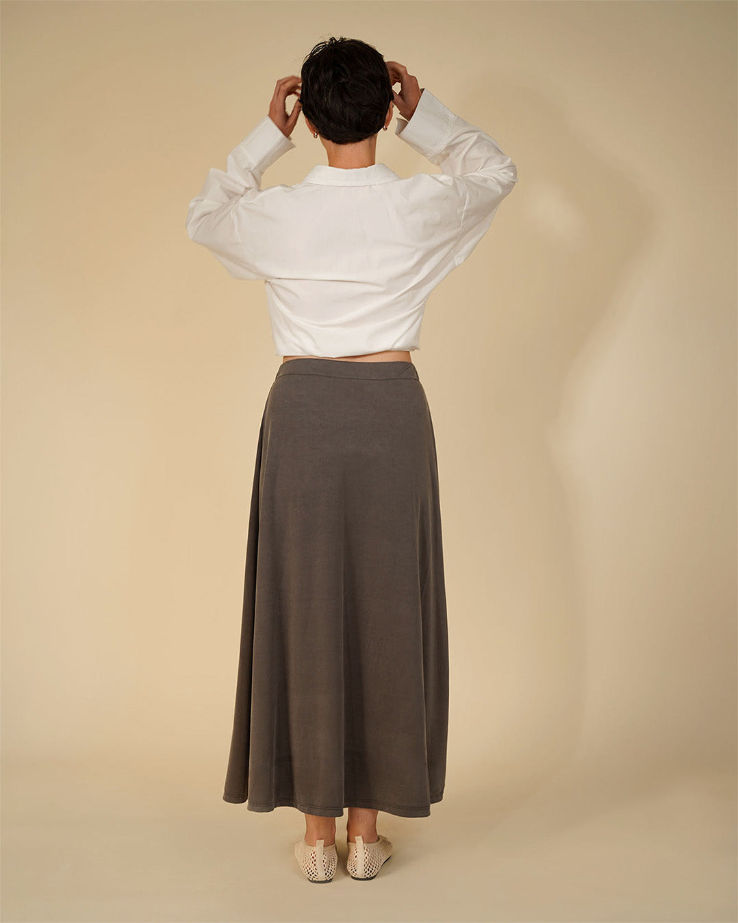 Wardrobe By Me Boxy Shirt PDF sewing pattern, cream shirt with brown trousers