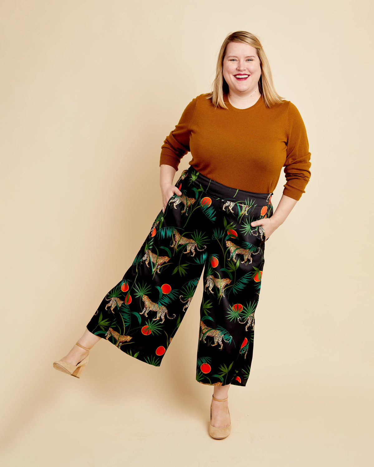 Cashmerette Calder Pants and Shorts PDF sewing pattern, woman wearing a brown sweater and patterned pants