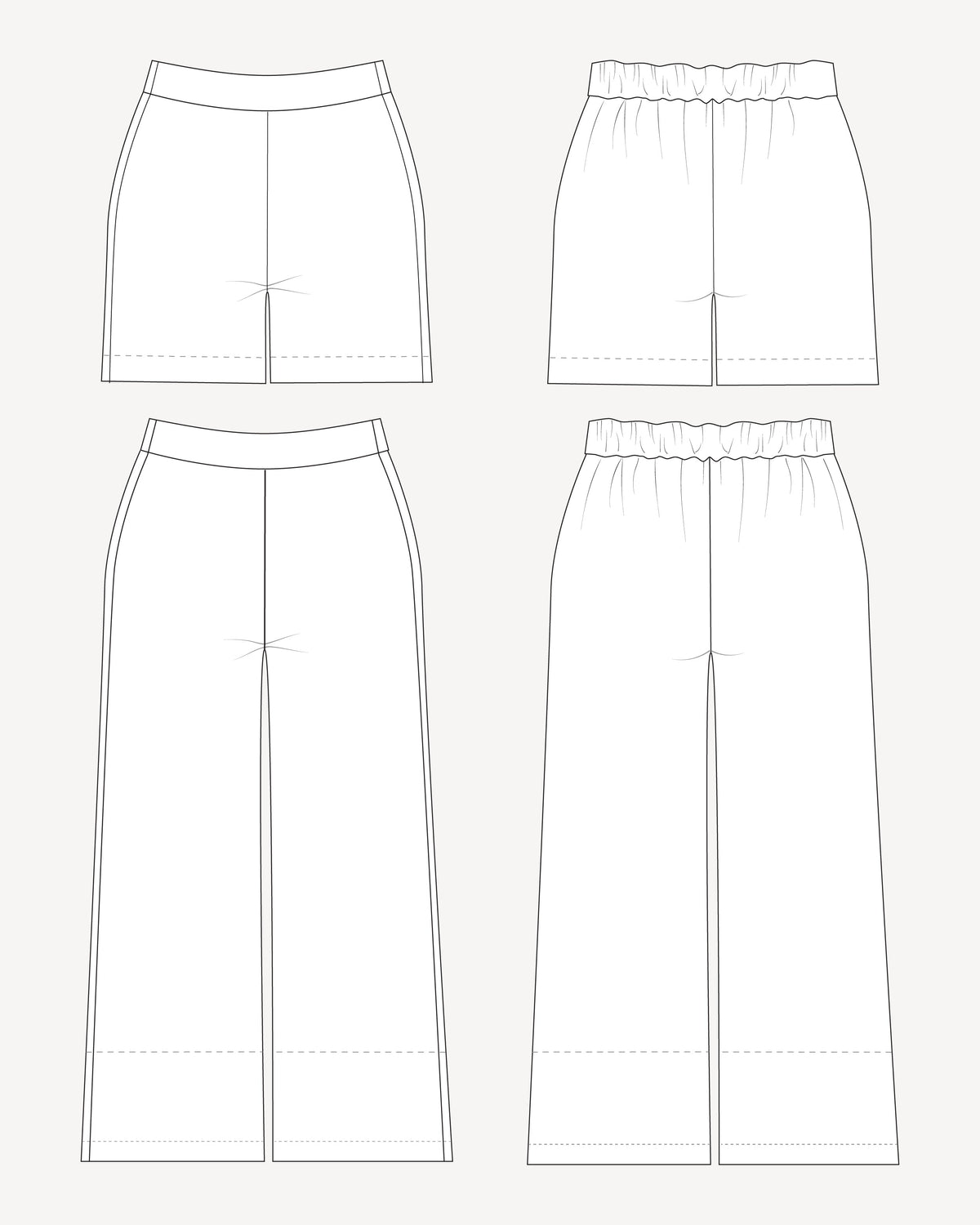 Cashmerette Calder Pants and Shorts PDF sewing pattern, line drawings of various styles of pants