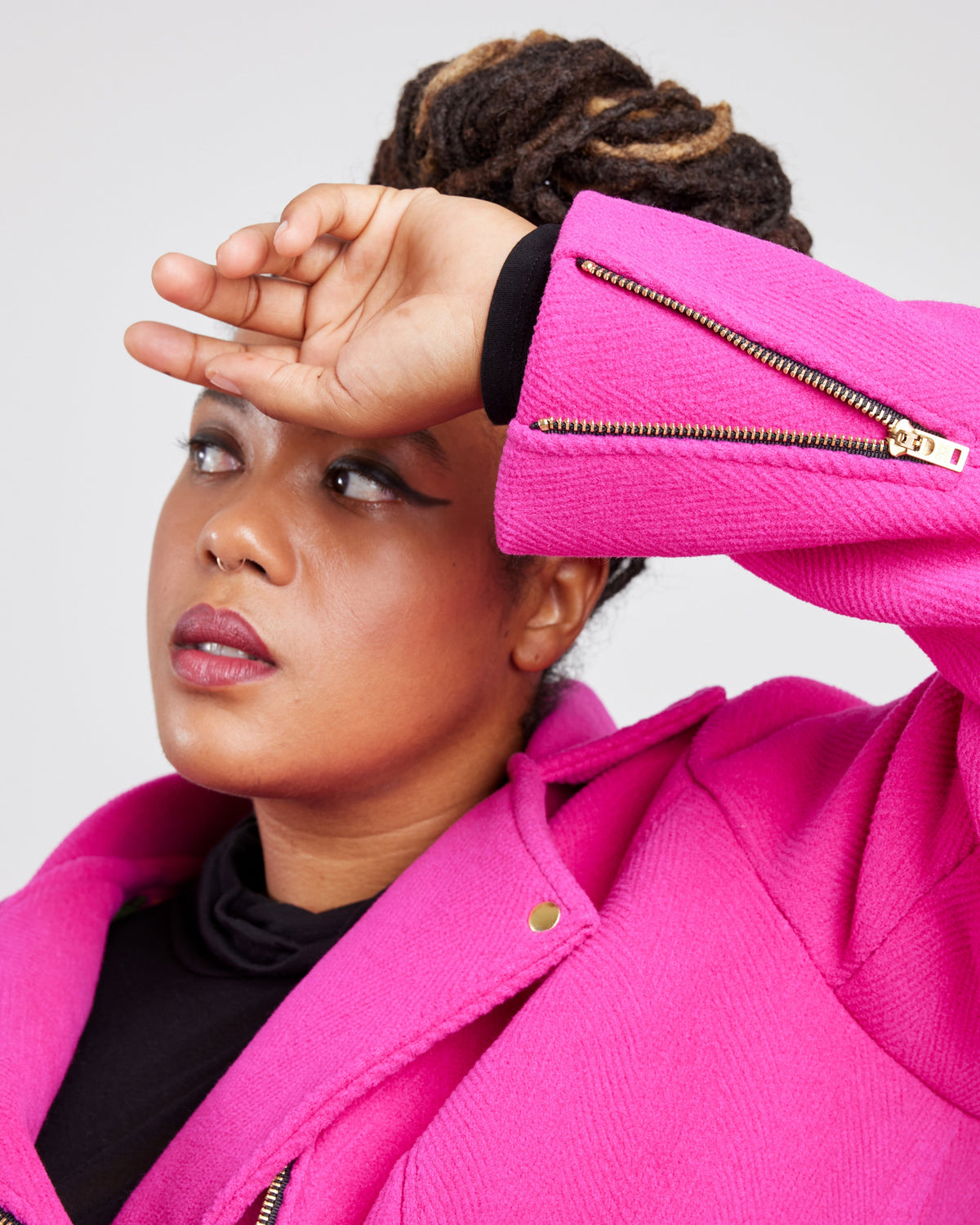 Cashmerette Canton Moto Jacket PDF sewing pattern, person wearing a bright pink jacket
