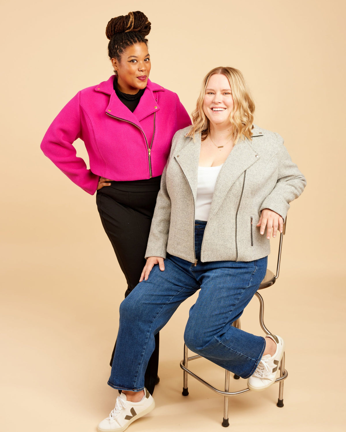 Cashmerette Canton Moto Jacket PDF sewing pattern, two women posing together