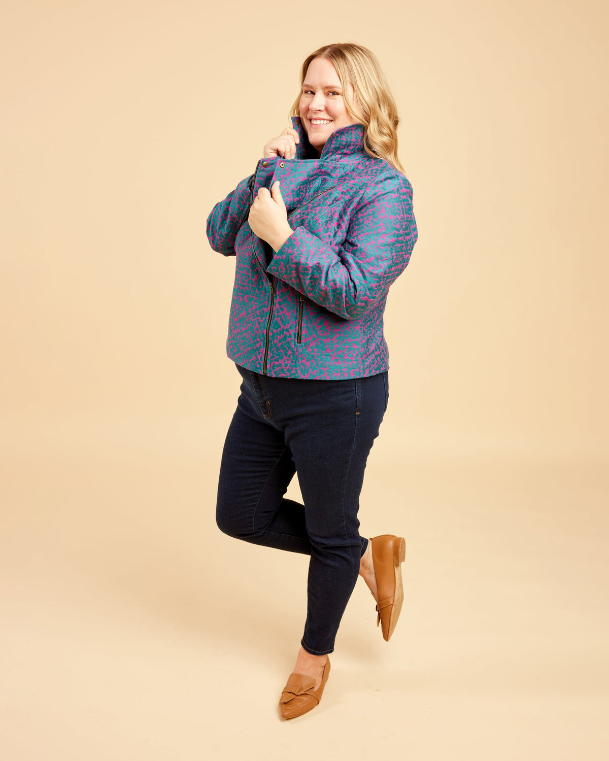 Cashmerette Canton Moto Jacket PDF sewing pattern, woman wearing a patterned jacket